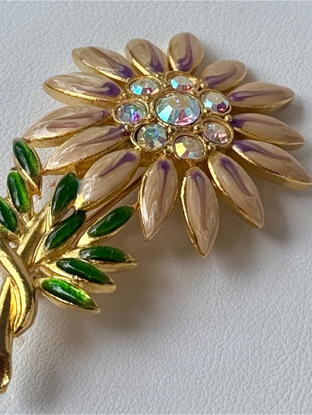 Gold Floral Brooch with Cream-Pink Enamel Petals and Green Leaves